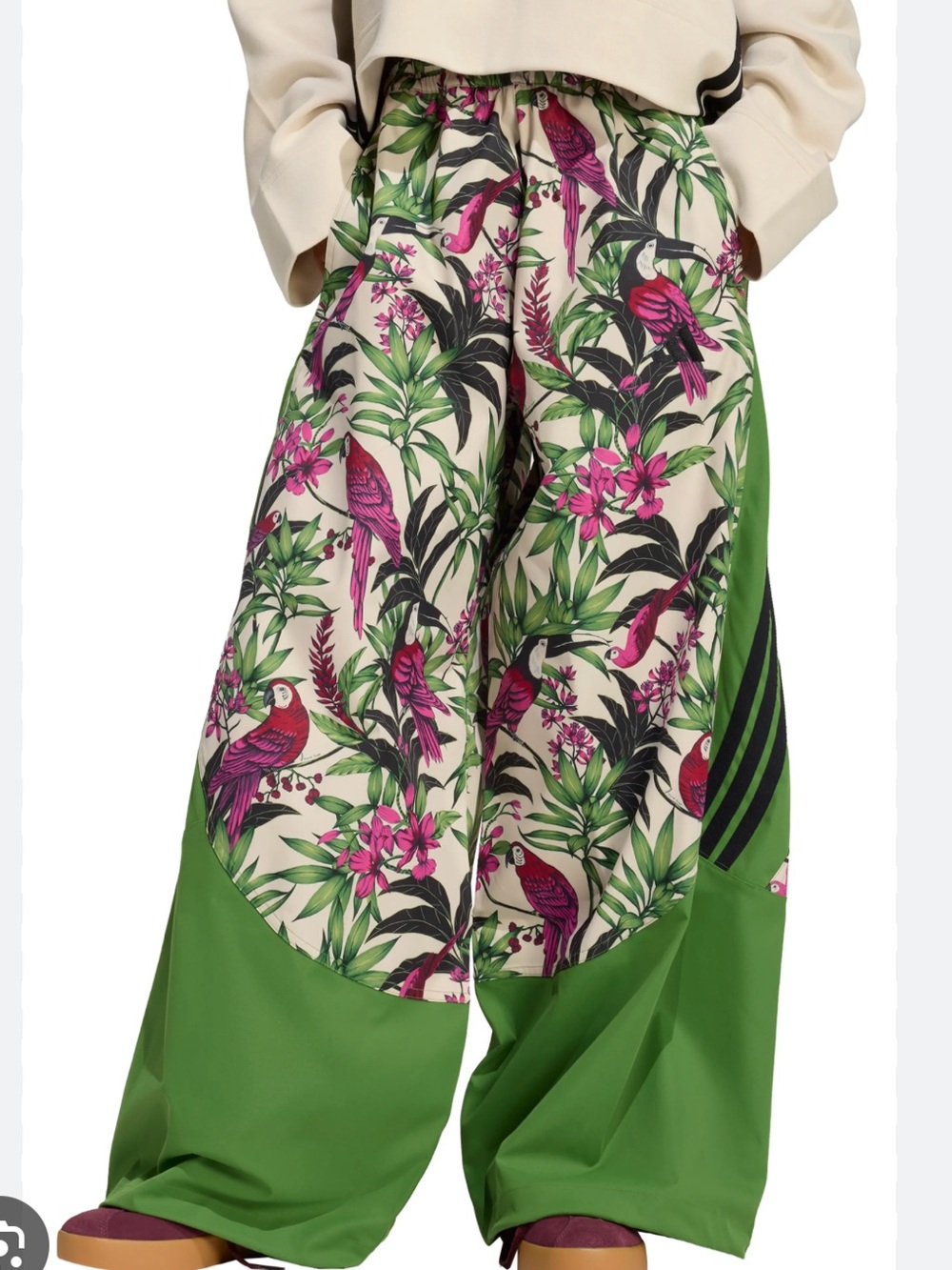 adidas x Farm Rio Premium Green and Pink Tropical Print Wide Leg Pants - Picture 5 of 6